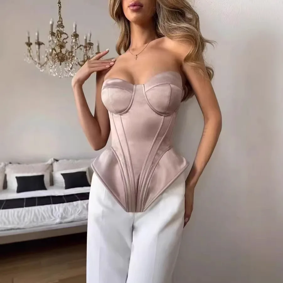 Women Solid Satin Strapless Corset Top Sweetheart Neck Boned Bustier Back Zipper Slim Tube Cami Club Party Flattering Crop Tops