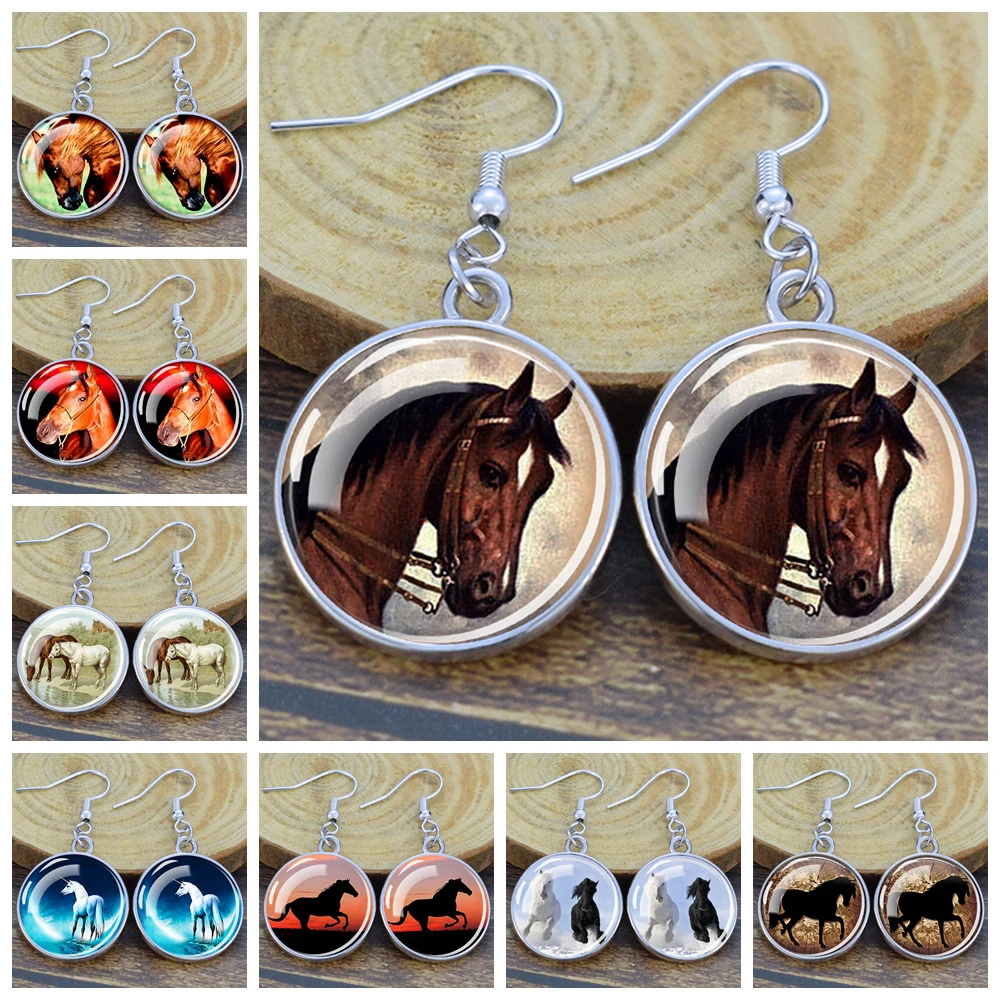 Horse Earings for Women Men A Steed Glass Dome Dangle Earring Animal Jewelry Gifts