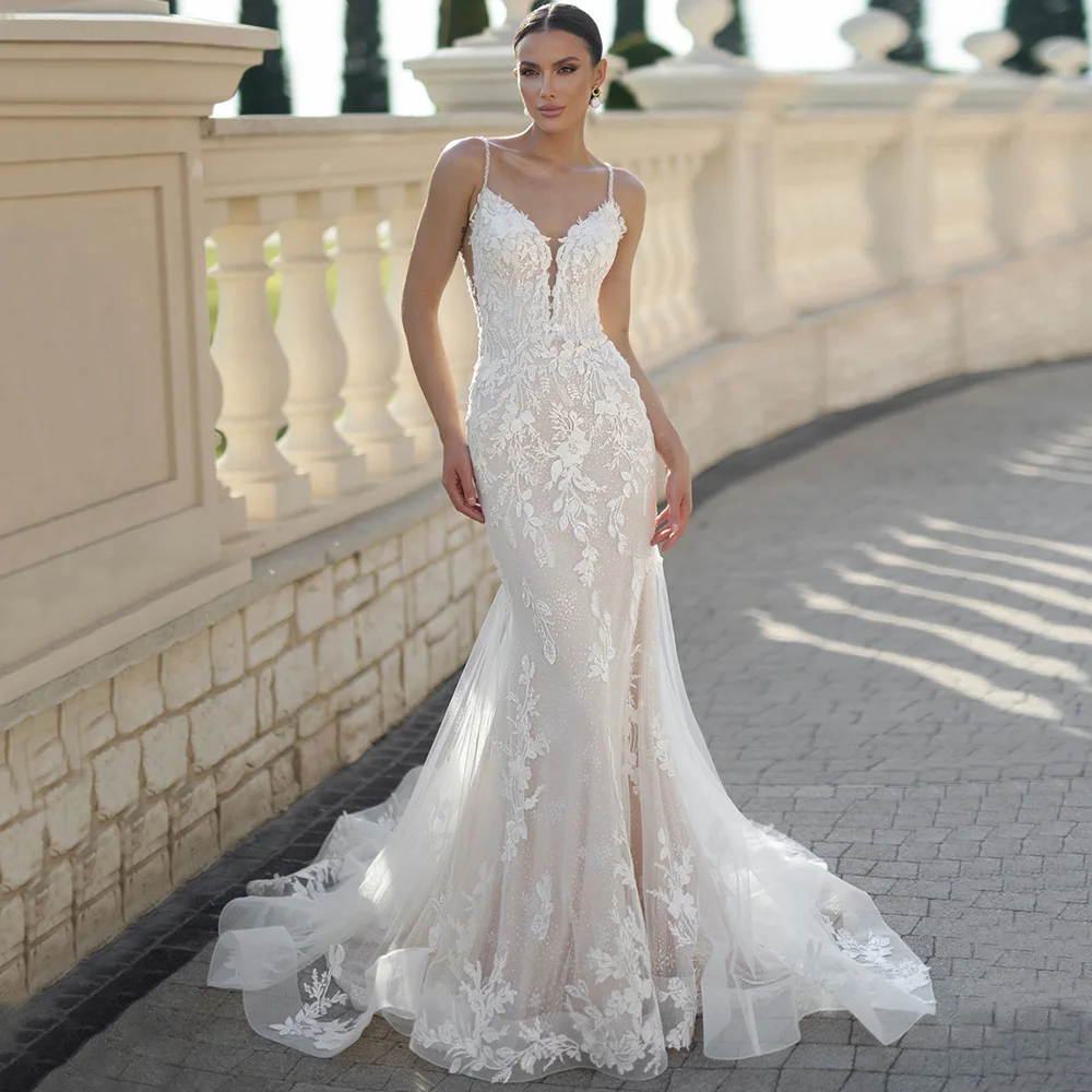 Luxury Mermaid Tulle Wedding Dress Women Spaghetti Straps Appliques Lace Customized Sleeveless Bridal Gowns with Court Train