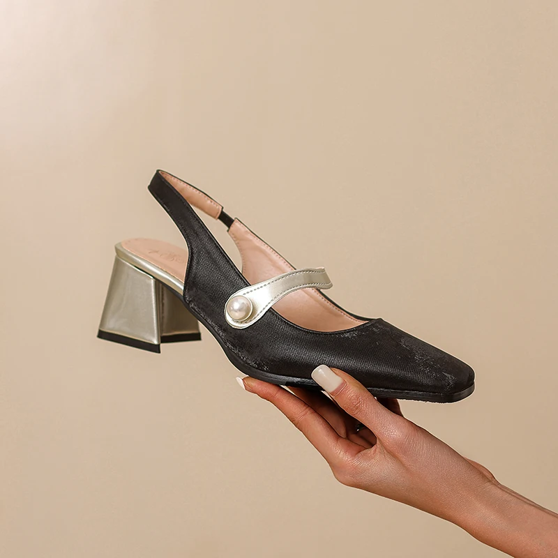 صنادل النساء صيف جديد ريترو عالية الكعب حزام اللؤلؤ موضة ساحة تو Slingback مضخات مكتب فستان الزفاف الأحذية الإناث
