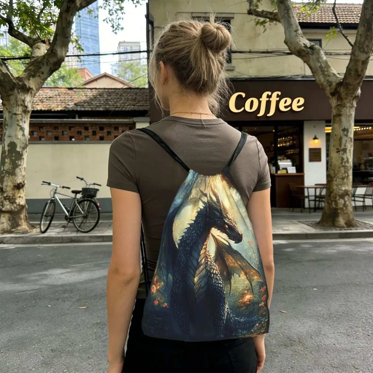 Green Dragon In The Forest Backpacks Portable Drawstring Bags Sports Bag Book Bags for Man Woman School