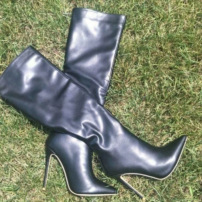 أسود ماتي جلد حذاء برقبة للركبة رقيقة عالية الكعب مثير المألوف كول شتاء عادية كبيرة الحجم أحذية امرأة Zapatillas Mujer #1