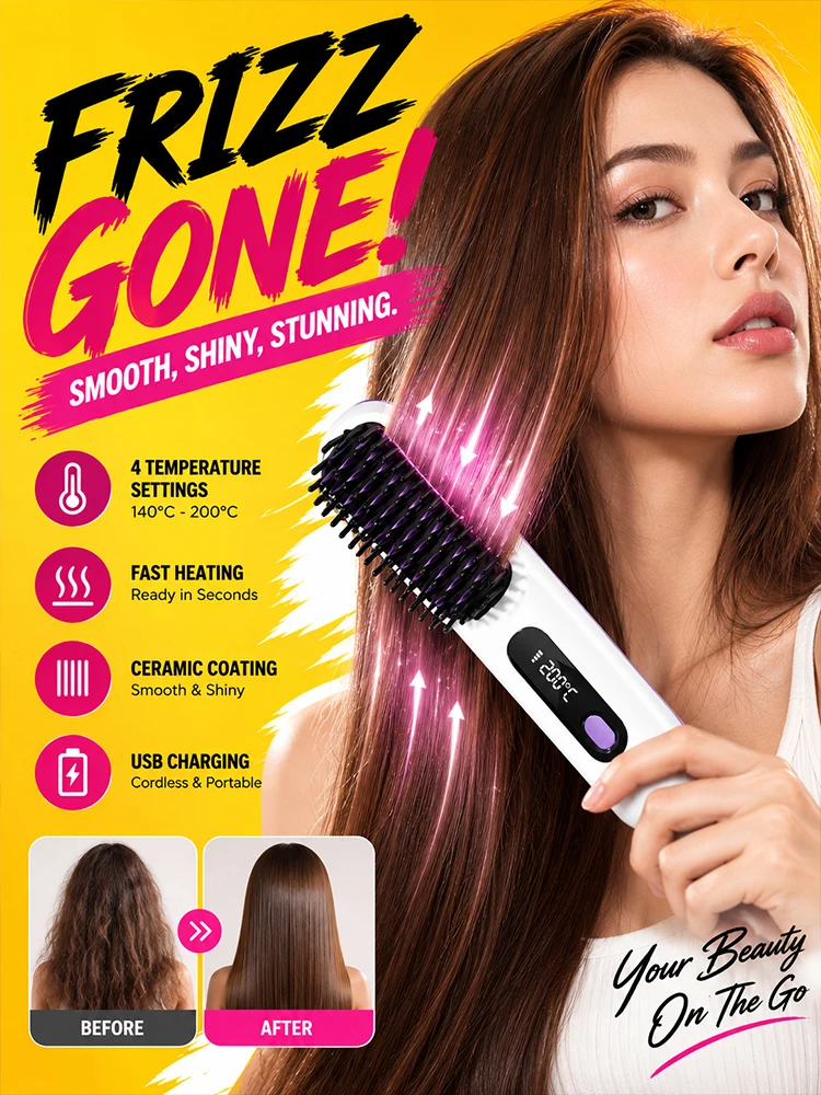 ヘアストレートニングブラシ-電動コードレス充電式ストレートナーコーム-4段階温度設定-デジタル温度表示-ポータブル-s