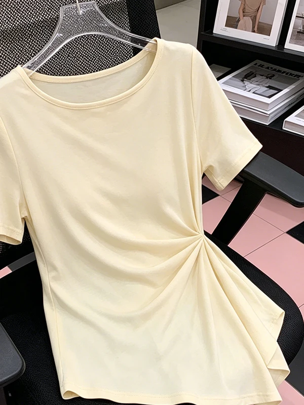 

plus Size Summer T-Shirt Women's Korean Style Simple Lace Hem Waist in Short Sleeve Asymmetrical Breathable Skin-friendly Cas...