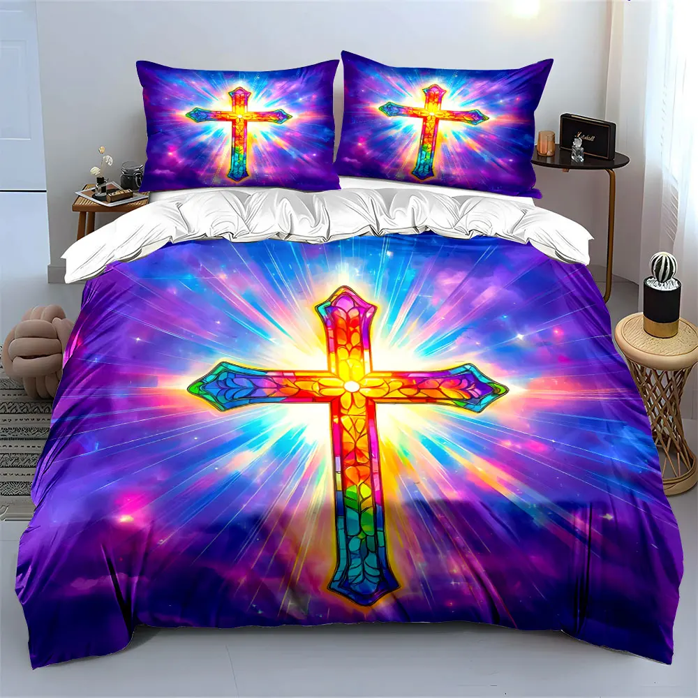 Radiant stained glass cross Print Bedding Set 1 Duvet Cover 2 Pillowcases for Adult and Children Luxury Gift Full Size