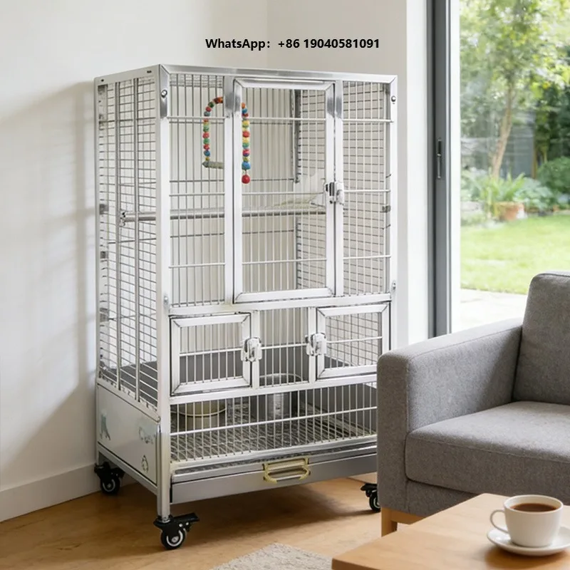 Multifunctional Luxury Classic Square Stainless Steel Bird Cage & Carrier with Food Container Perch Durable Design Easy Assembly