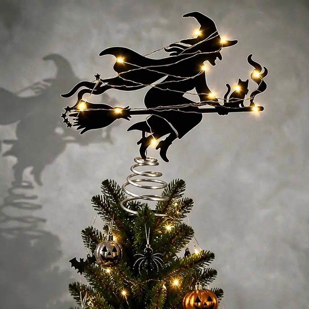 Halloween Tree Topper Witch Tree Decoration Halloween Witch Tree Topper with Led Lights Black Iron Art Silhouette for Christmas
