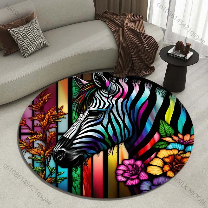 Vibrant Zebra with Floral Artwork Printed round carpet living room sofa table large pet mat soft round carpet home decor