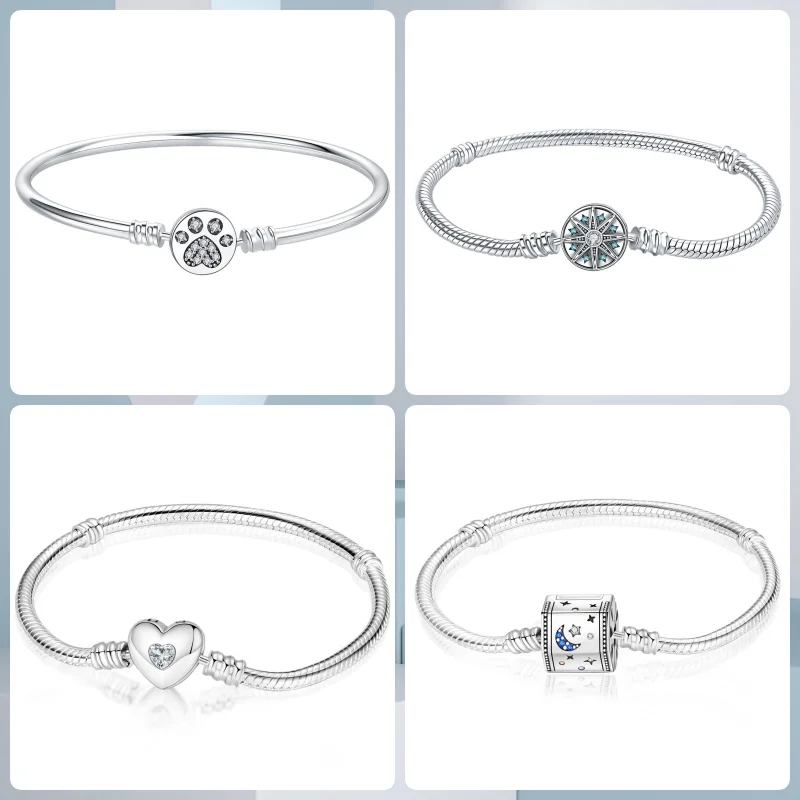 MISEFF 925 Sterling Silver Bracelet Original 17-20CM Eight-pointed Star Bracelet Heart Paw Zircon Bracelets DIY Charms Jewelry