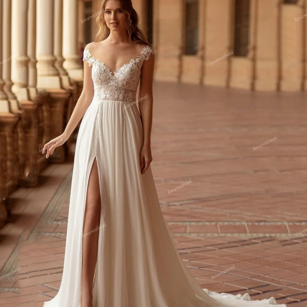 Elegant A Line Wedding Dress Cap Sleeves Appliques Bridal Gowns Backless Split Wedding Dresses Vestido De Novia