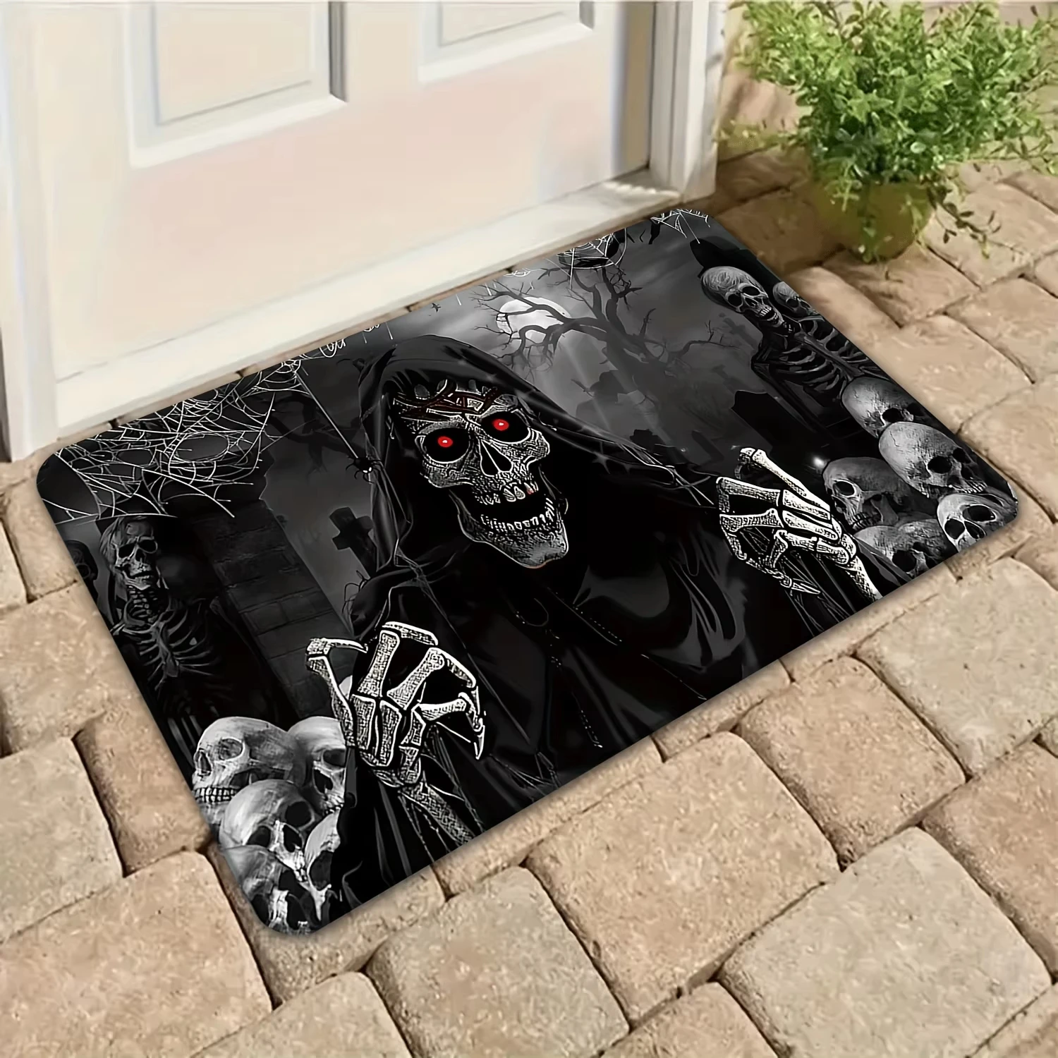 VIKAMA Grim Reaper Skeleton Halloween Doormat Gothic Style Non Slip Absorbent Entryway Bathroom Rug Spooky Home Decor