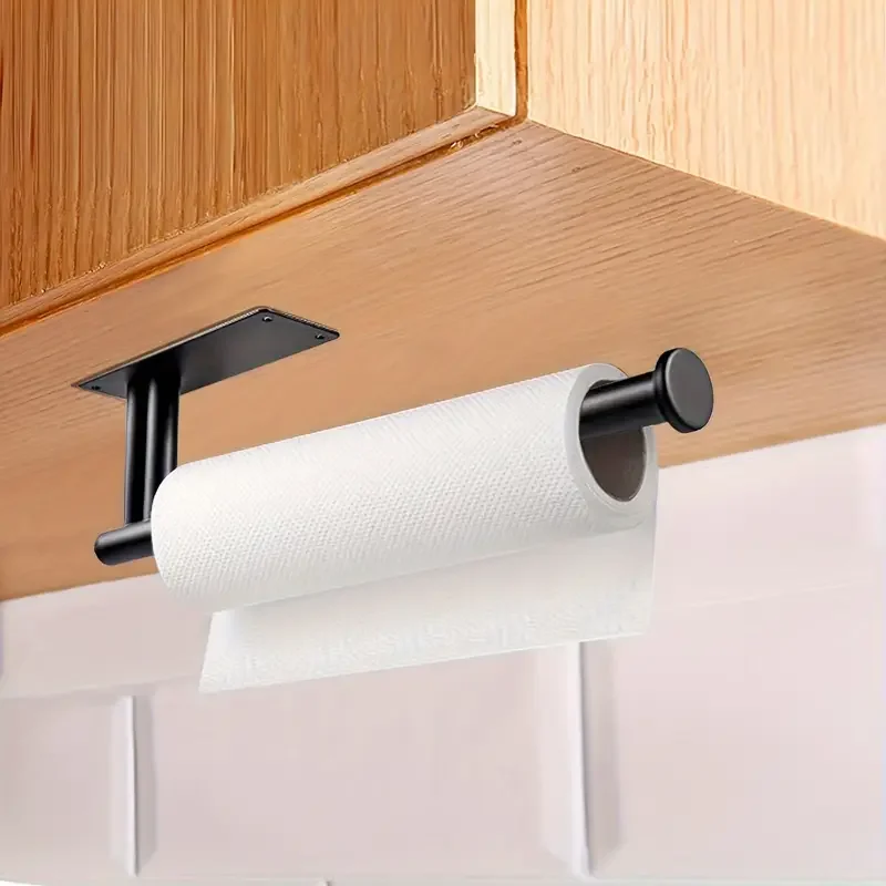 1PC Paper Towel Holder Under Cabinet Wall Mount Stainless Steel Kitchen Paper Towel Black Rack Self Adhesive No Drill Bathroom