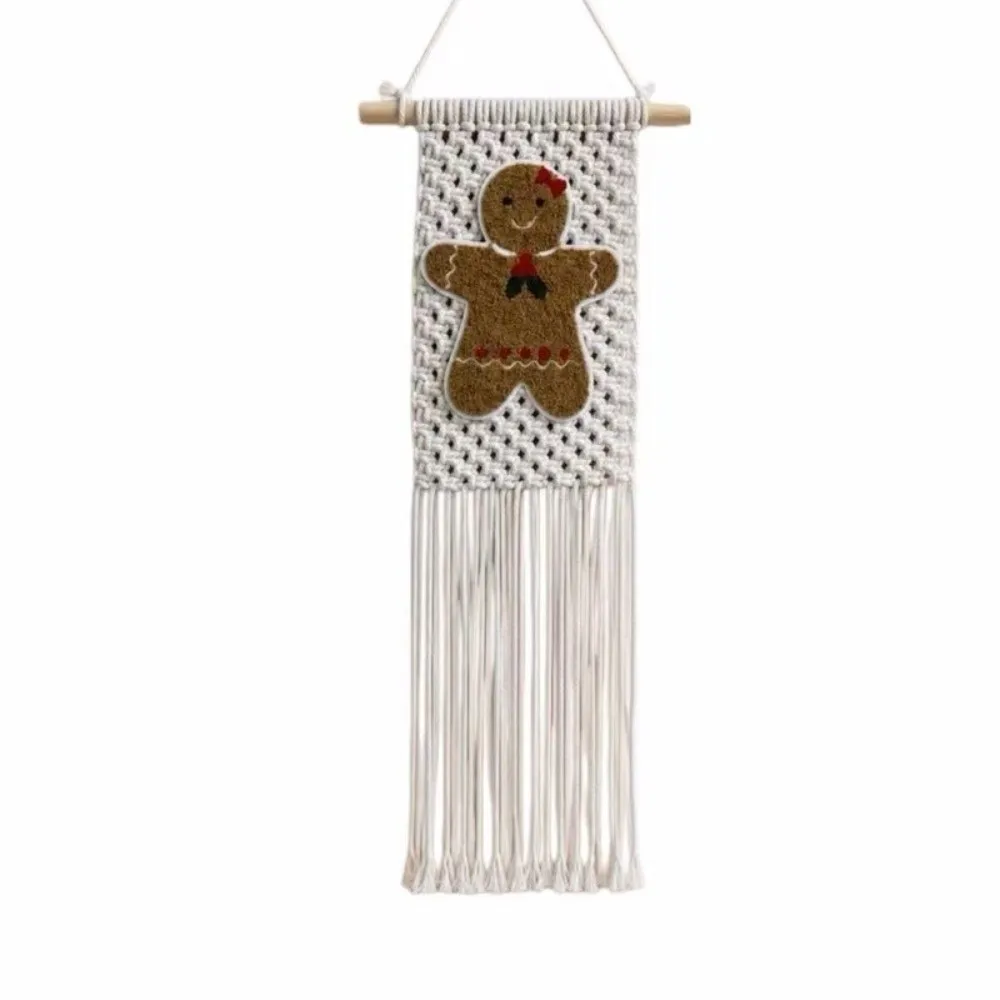 25x60cm Gingerbread Man Wall Hanging Handmade Woven Rustic Style Christmas Wall Tapestry Gingerbread Pattern Tassel Fringe