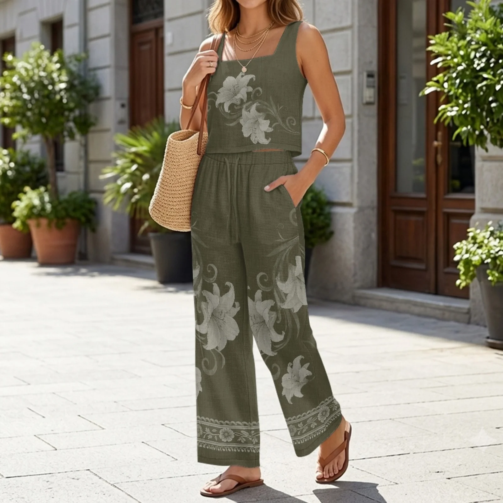 INSTANTARTS Women’s Linen Vest Set Women’s Wide-leg Trousers Lightweight Breathable Soft Comfortable Quick-dry Outfits Flower view 2
