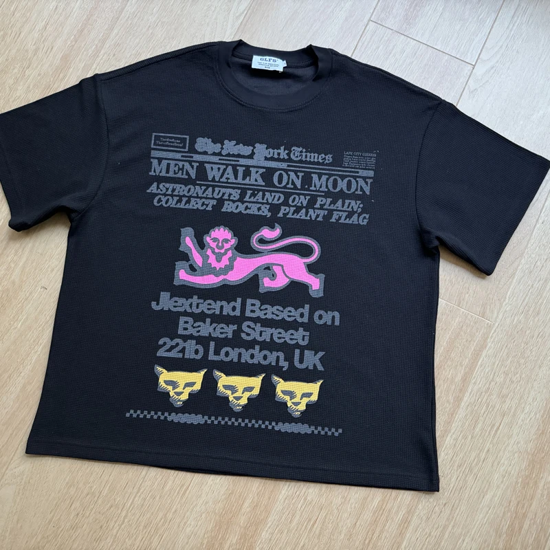 Waffle Short Sleeve Pink Lion Print T Shirt Black Apricot Men Women High Quality Loose Breathe Quick Dry Casual T-shirt Tops Tee