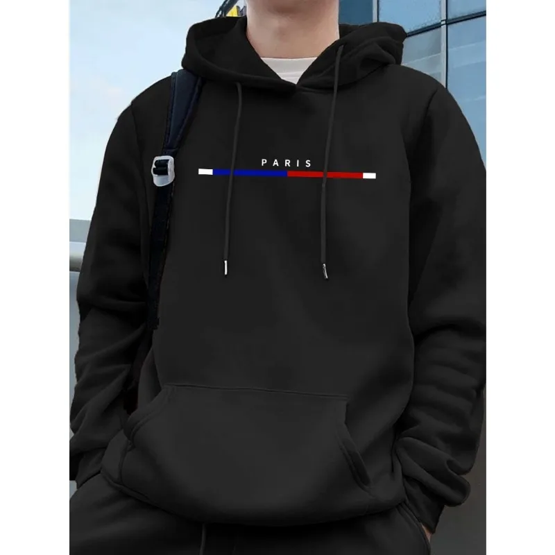 Men's Casual Geometric Graphic Hoodie - Knit Fabric Pullover with Drawstring and Kangaroo Pocket Hooded