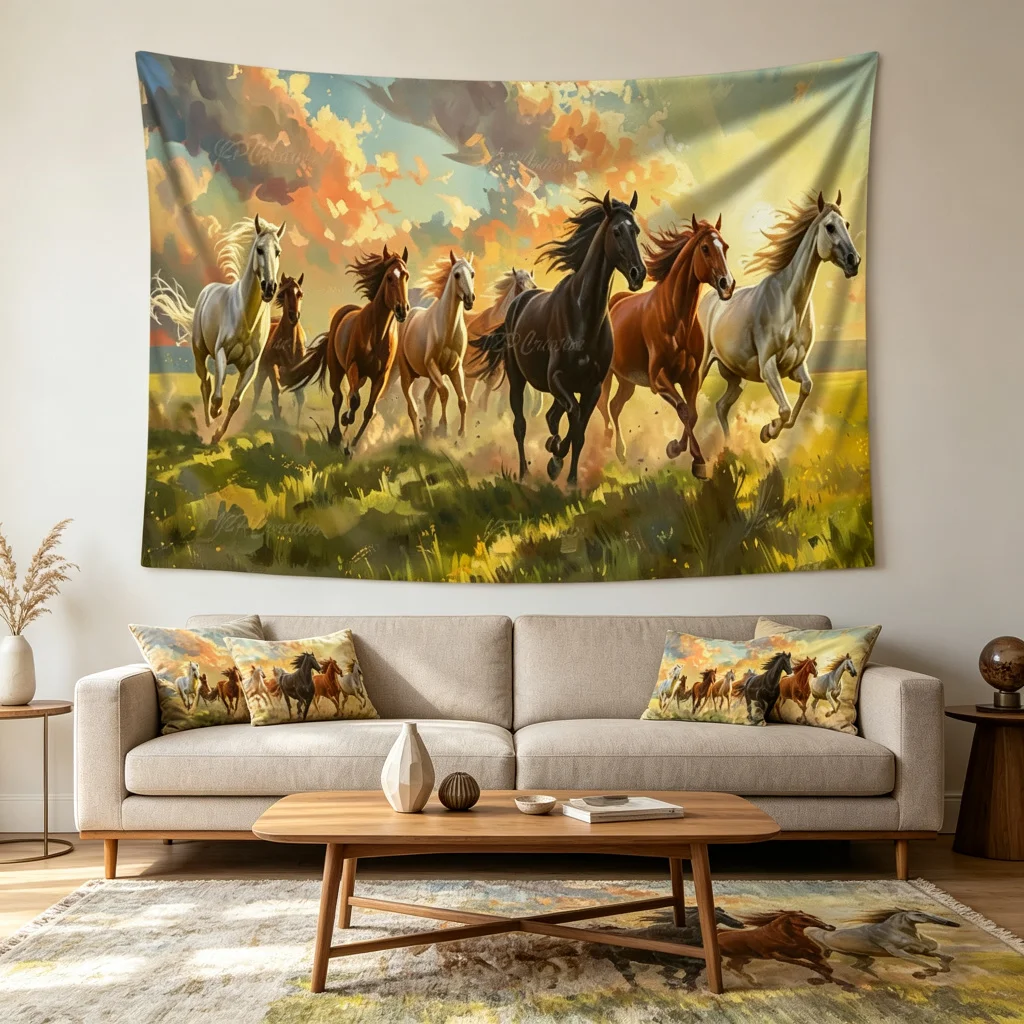 1PC Horses Sunset Painting Art Print Backdrop Banner, Bedroom Living Room Photo Background, Polyester, Home Decor, Wall Art