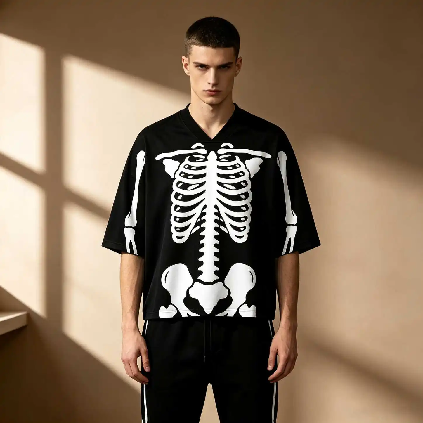 Streetwear Anatomy Human Skeleton Print Men Summer Casual Oversized V Neck Elbow Sleeve Tee, Loose Fit