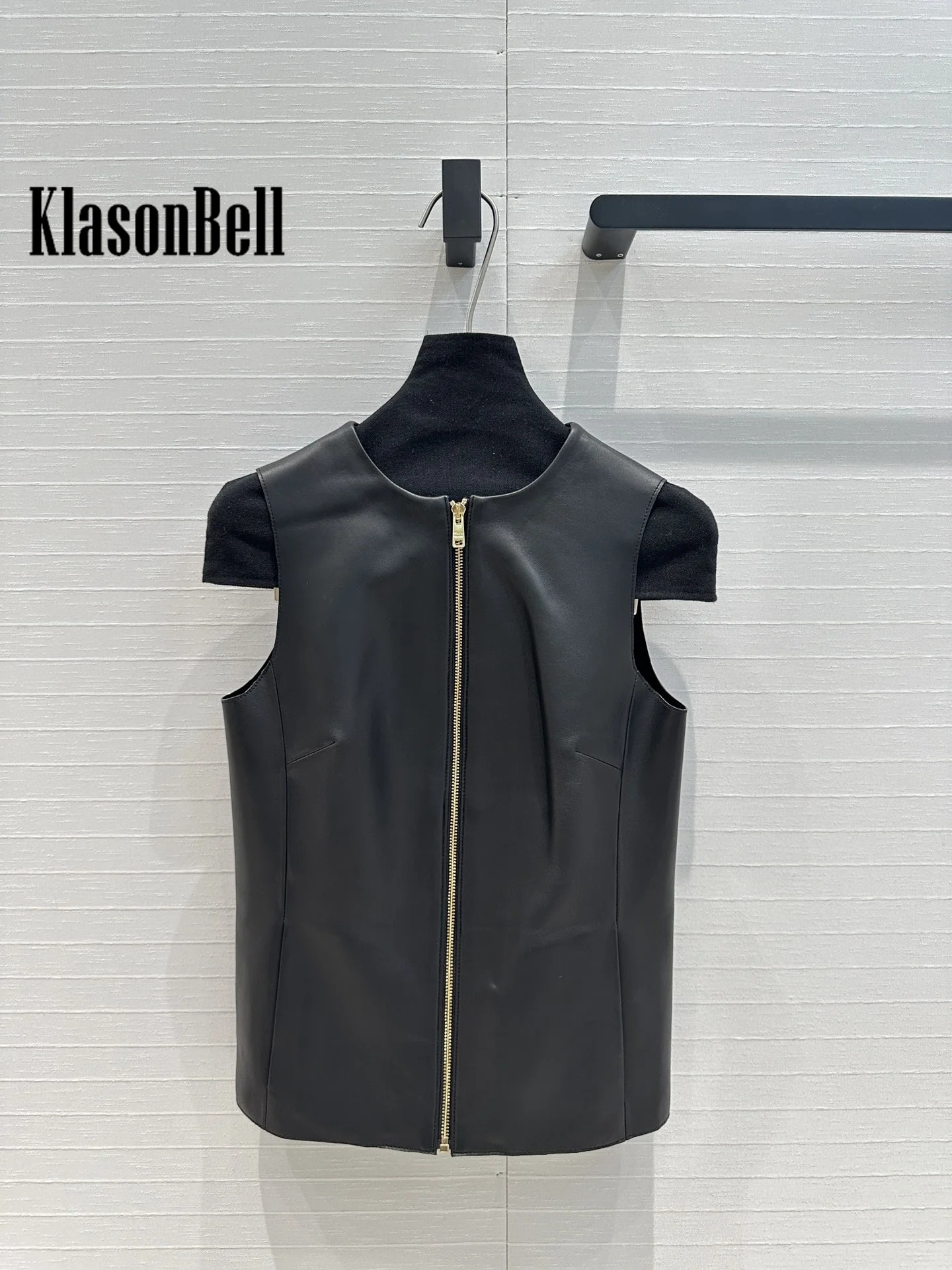 7.13 KlasonBell 여성용 하이 퀄리티 100% 양가죽 세트, O-넥 등 삼각형 지퍼 조끼 또는 하이 웨이스트 포켓 힙 미디 스커트