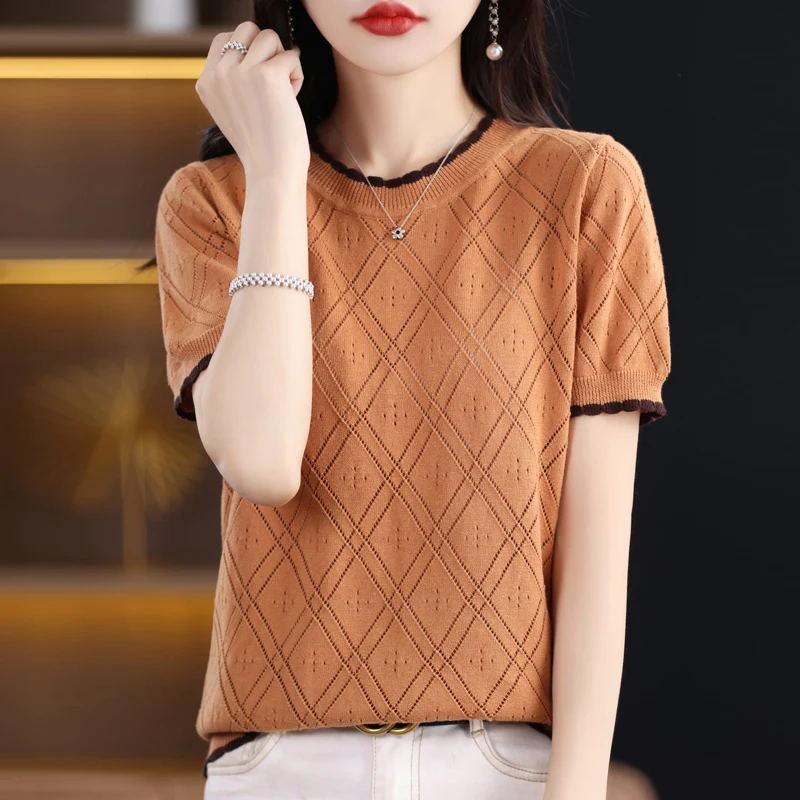 Camiseta para mujer, novedad de verano, suéter 100% de algodón, manga corta, informal, cuello redondo, Top holgado para mujer, jersey bloqueado de Color