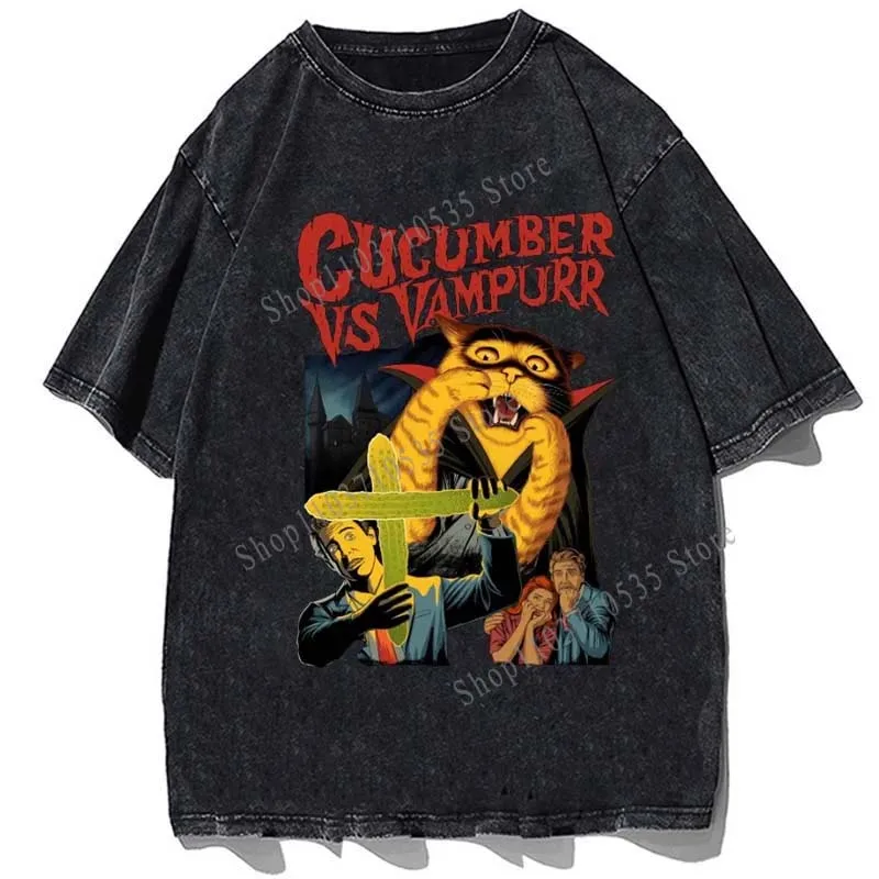 Cucumber VS Vampurr Graphic Printed T-shirt Vintage Washed Loose Oversize Tshirts High Quality Cotton T Shirt Men O-Neck Tees