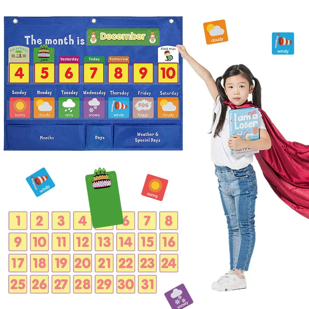 N03R-Kids Calendario Primo calendario settimanale Bambini Data Meteo Grafico tascabile cognitivo Borsa da appendere