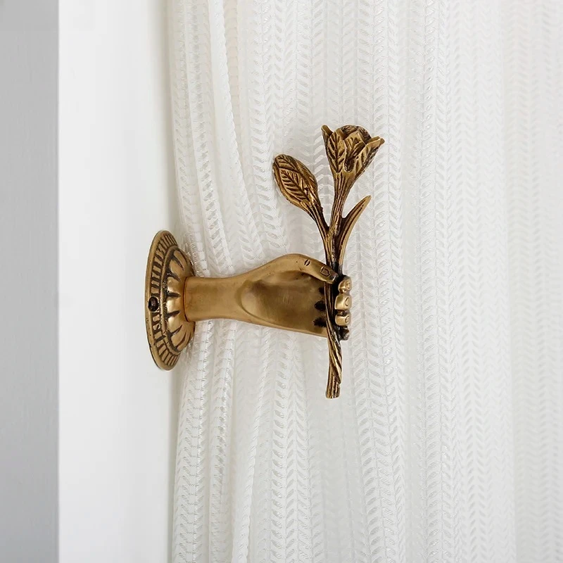 Holding Rose Copper Curtain Hooks Golden Brass Wall Hook Holder Coat Hook Towel Rack Curtain Tieback Home Room Accessories