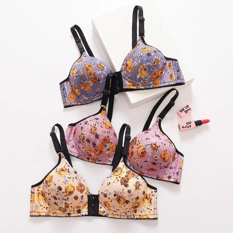 Sexy Push Up Bras Front Closure Floral Print Brassiere Wireless Bralette Breast Seamless Bras for Women Underwear Large Size