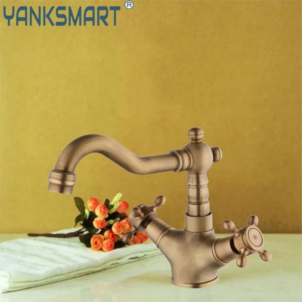 

YANKSMART Bathroom Water Tap Antique Double Handle Faucets Sink Taps Hot & Cold Mixer Ceramic Spray Water Short Wash Basin Brass