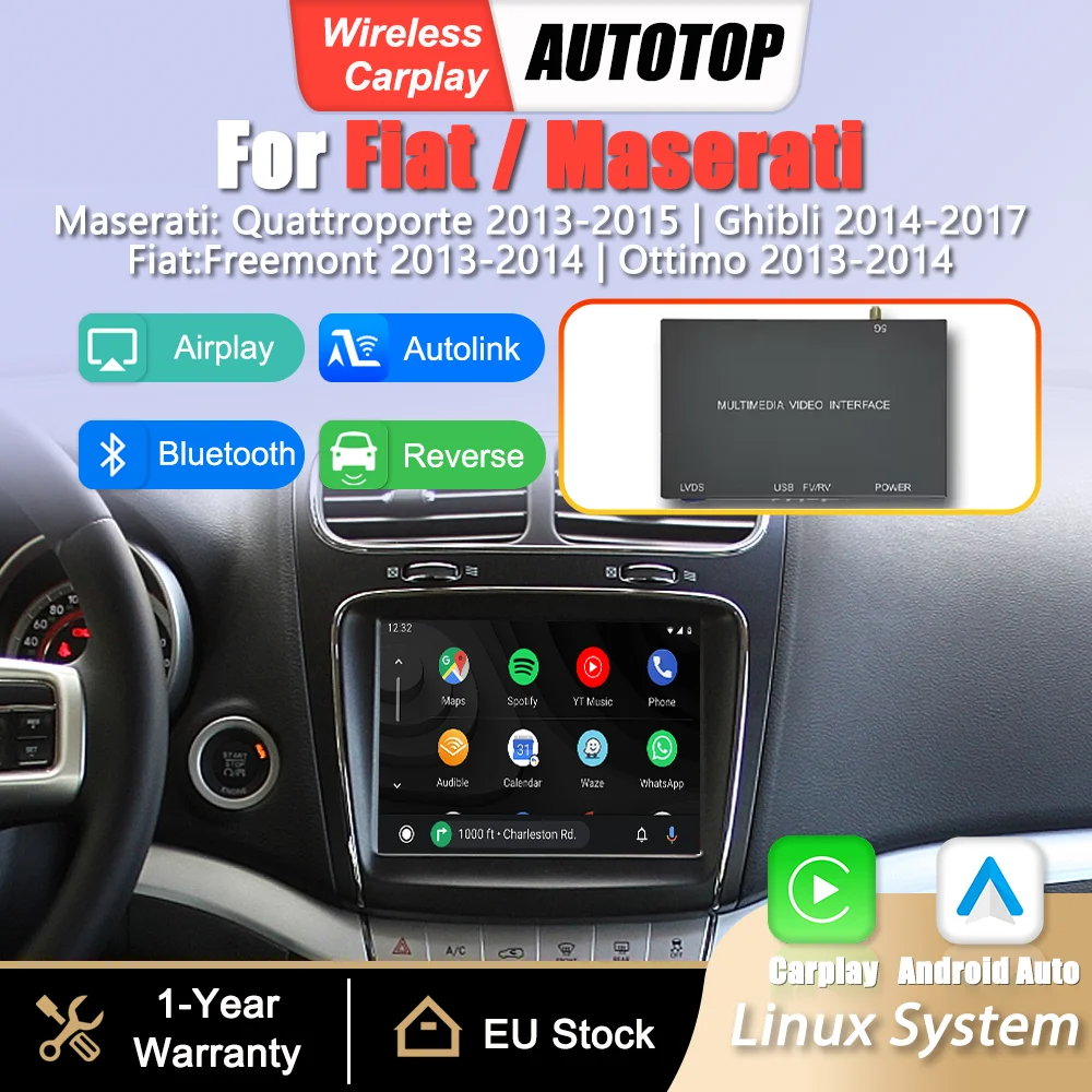 Adapter interfejsu bezprzewodowego CarPlay Android Auto do Maserati Quattroporte Ghibli 2013-2017 Fiat Freemont Ottimo 2013-2014 Mirror Link Airplay BT Moduł nawigacji GPS