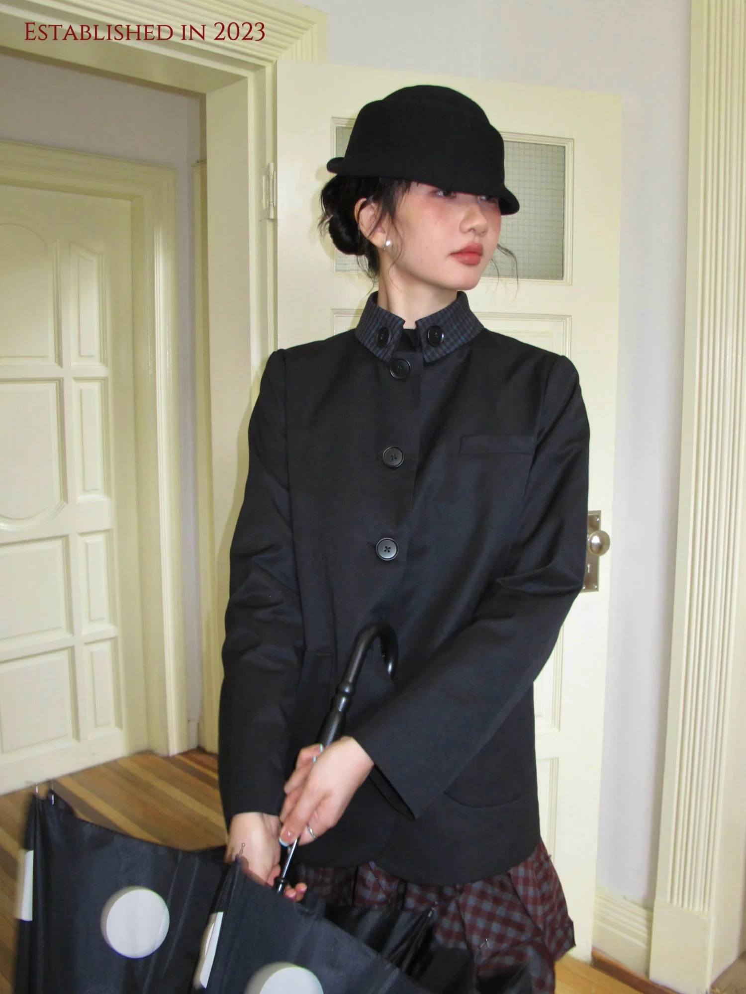 

Классический женский повседневный костюм KIM из чистого хлопка с воротником-стойкой и пуговицами, в японском стиле, черный, малый размер