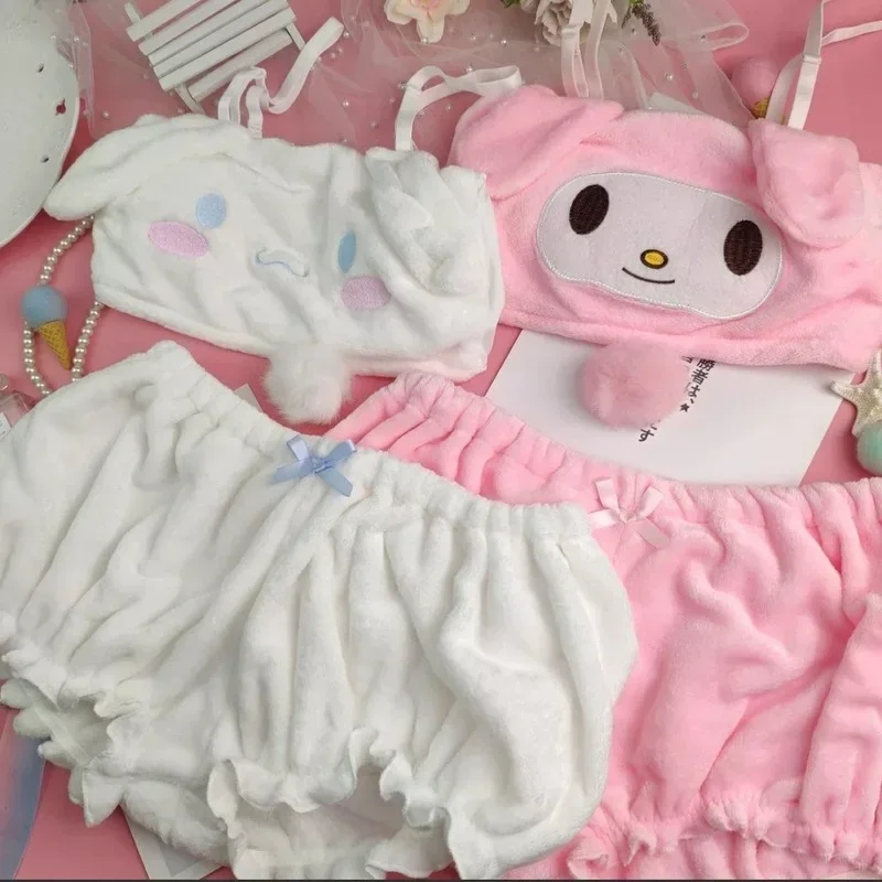 Sanrio Anime Cute Autumn Winter Cinnamoroll My Melody Kuromi Cartoon Pajamas Underwear Bra Little Devil Sexy Home Clothes