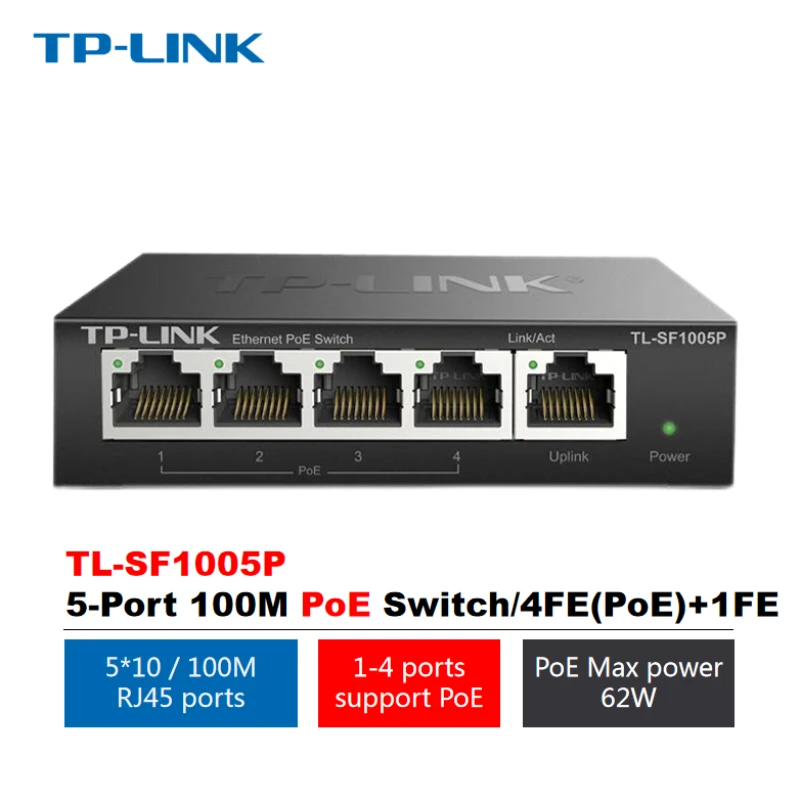 tp-link-conmutador-no-gestionado-4fe-poe--1fe-potencia-total-maxima-de-62w-plug-and-play-tl-sf1005p-5-puertos-100m-4-puertos