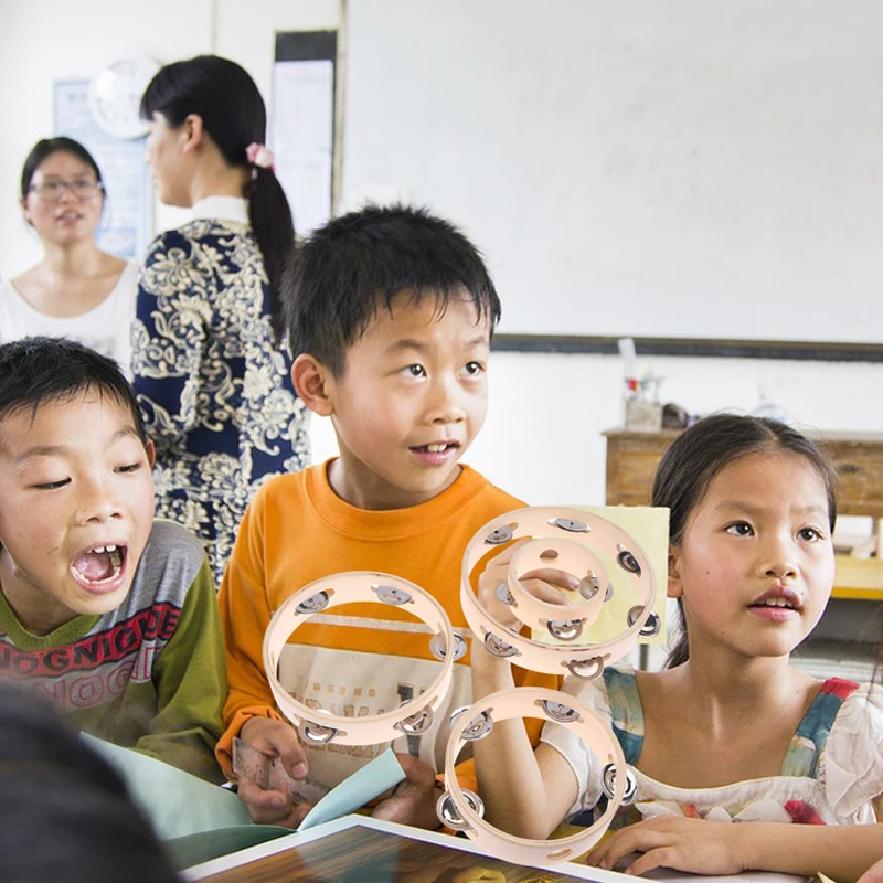 New 4/6/7/8/10Inch Hand Drum Education Orff Musical Instrument Tambourine Hand Cranked Bell Single Row Wooden Tambourine Rings