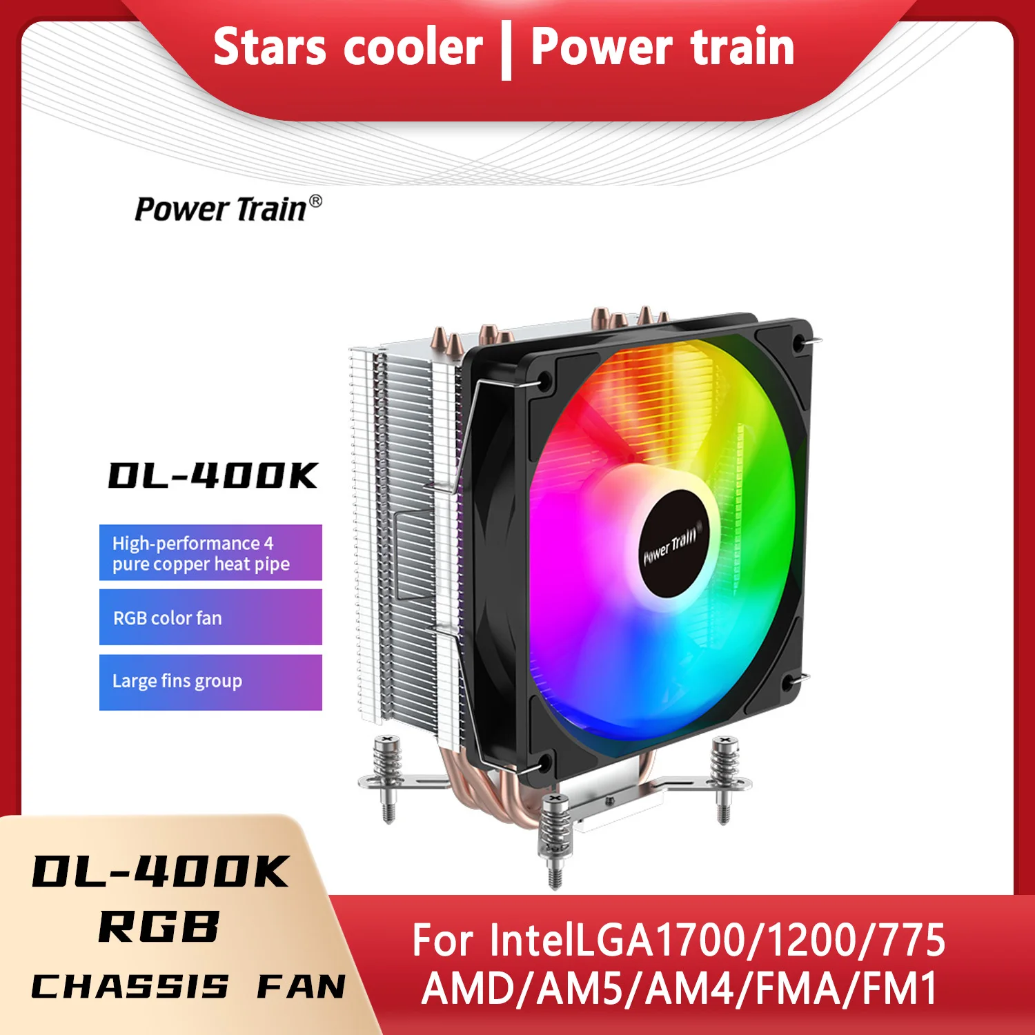 

Power train DL-400K/4 copper tube CPU tower radiator air cooling mute for IntelLGA1700/1200/775/AMD/AM5/AM4/FMA/FM1