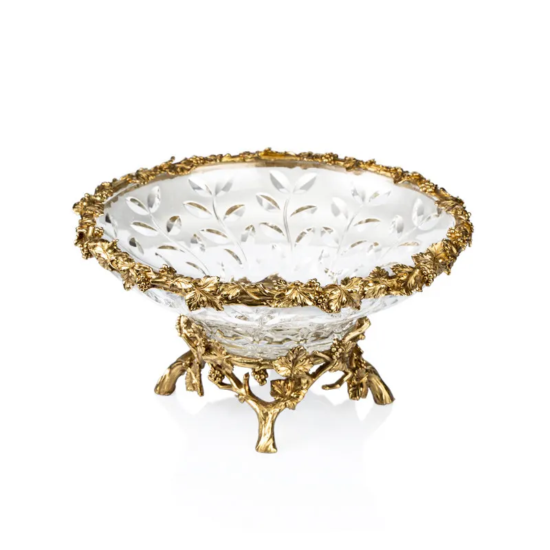 European Crystal Glass Brass Fruit Plate High-end Luxury Living Room Dining Table Fruit Plate Ornament