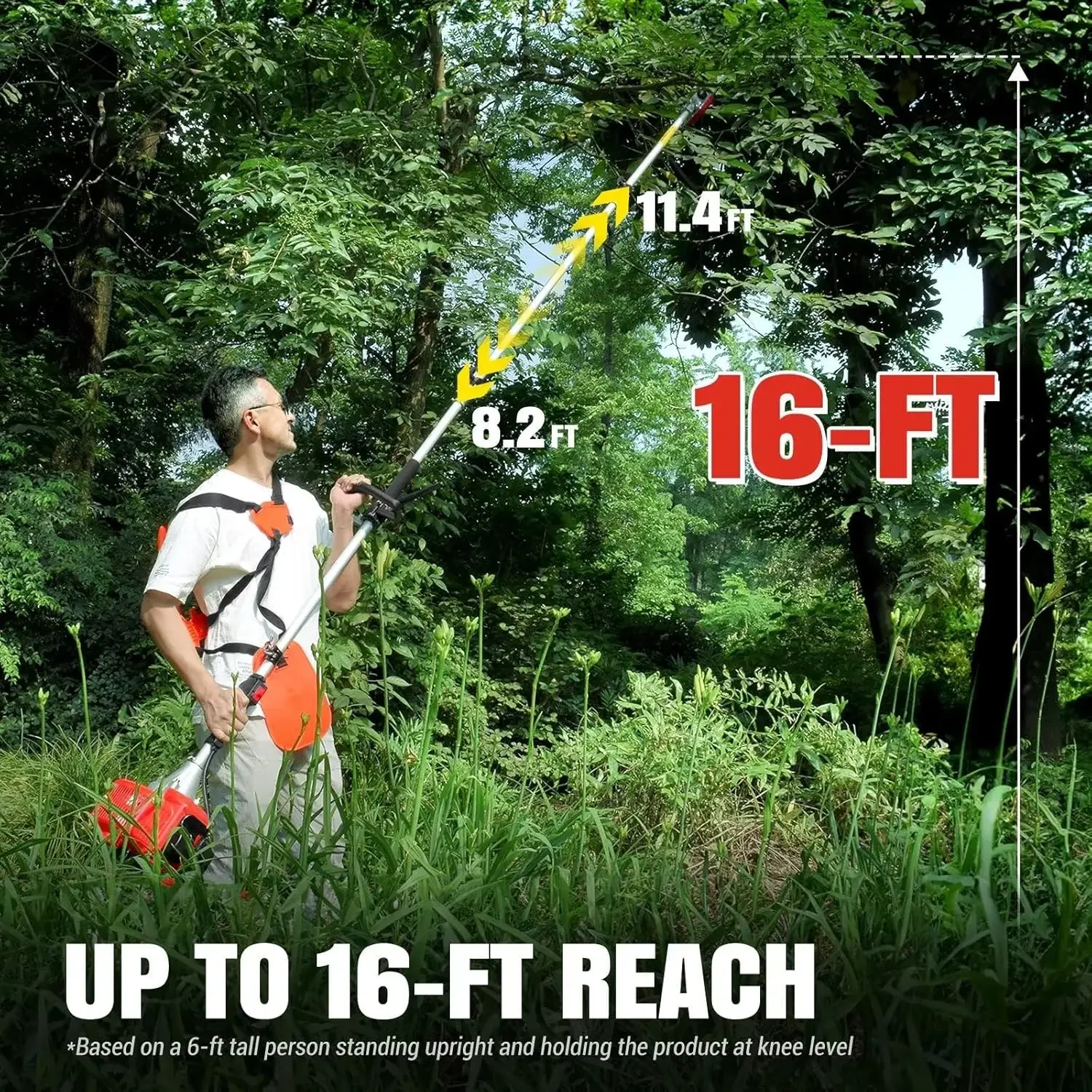 Pole Saw Gas Powered, 16-Foot Reach 42.7CC 2-Cycle 10-Inch Bar Cordless Extendable Long Trimmer Power Gasoline Chainsaw For Tree