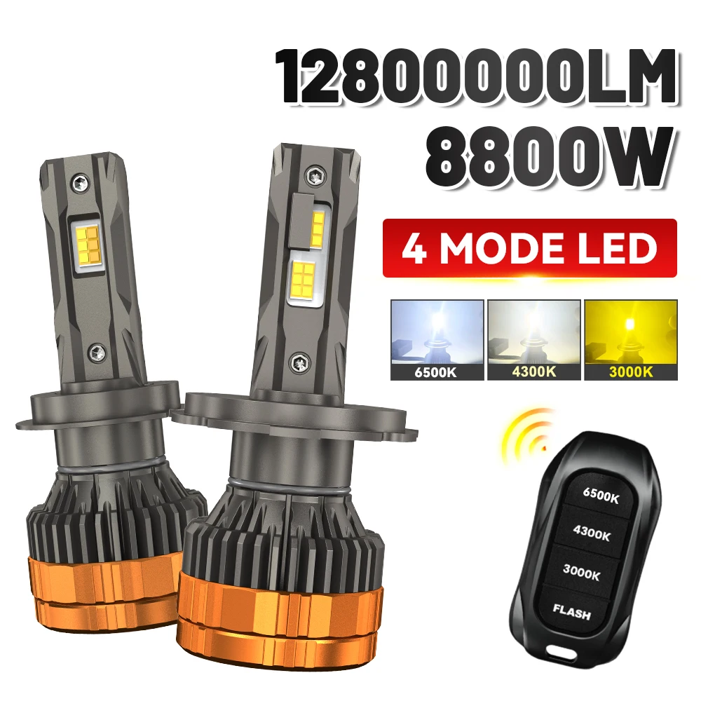 

8800W H4 LED Headlights H1 H7 H11 9005 HB3 9006 HB4 6500K 4300K 3000K Three Color Remote Control 4 modes Car Lights 12V 24V