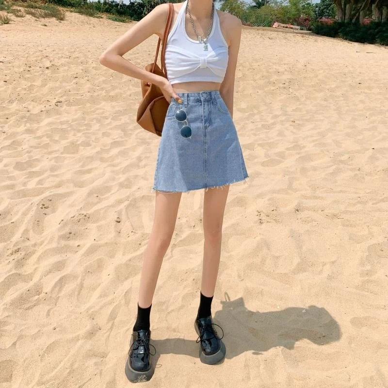 2026 Summer High Waist A Line Denim Mini Skirt Vintage Light Wash Slim Fit Distressed Hem Student Casual Wear For Women