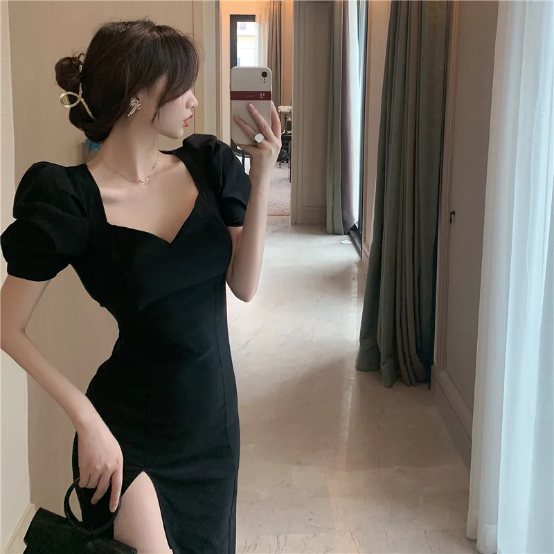 French Niche Knee-length Dress Women's Summer Bubble Sleeve Skirt Temperament Slim and Thin High Split Sexy Dress Fashion