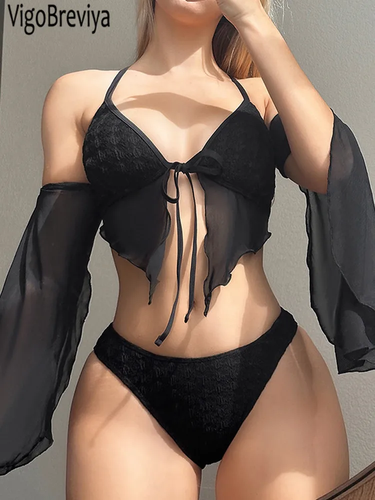 VigoBreviya 2024 Long Sleeve 4 Piece Black Bikini Set Swimwear Women Mesh Strapped Swimsuit Sexy High Cut Beach Bathing Suit