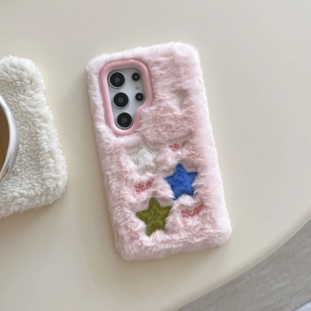 حافظة هاتف محمول لهاتف سامسونج جالاكسي S24 الترا حافظة 5G S23 S25 Plus قطيفة لطيفة قطيفة ملونة نجوم بنات هدية غطاء من الفرو المنفوش