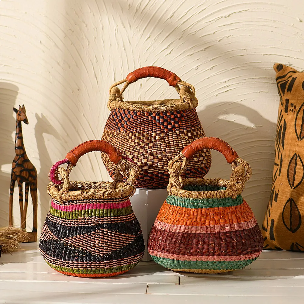 Ghana Elephant Grass Woven Basket, African Element Portable Basket, Tabletop Decoration Storage Basket Atmospheric Decoration