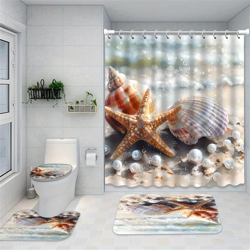 1/4pcs GIBELLE Shells starfish bathroom decor set, waterproof polyester shower curtain with hook, machine washable woven