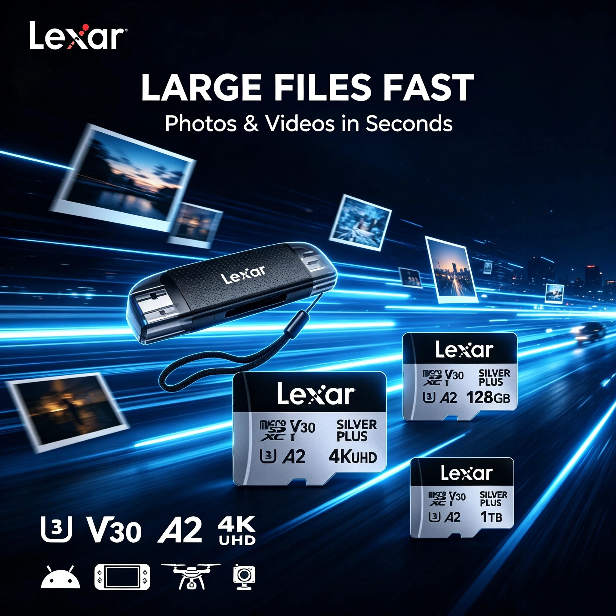High Speed Micro SD Card 205MB/s Lexar V30 A2 microSDXC 1TB 512GB 256GB 128GB 64GB for Drone Camera 4K Video Recording