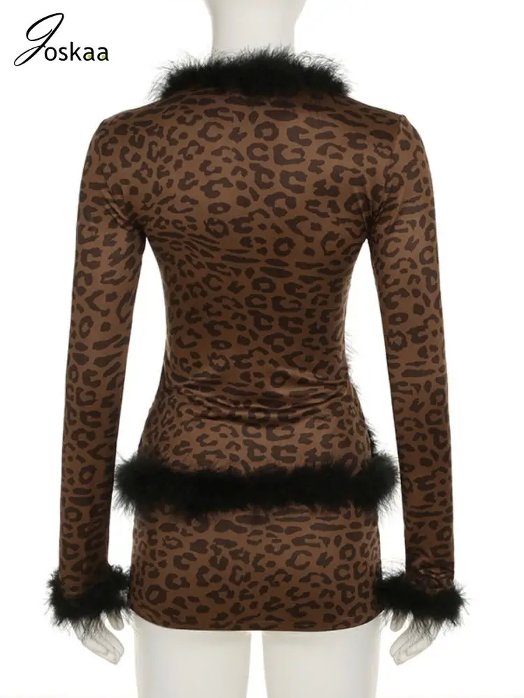 Joskaa leopardo impressão 2 peça define feminino sexy gola peluda manga longa rendas topos e mini saias combinando meia-noite clubwear