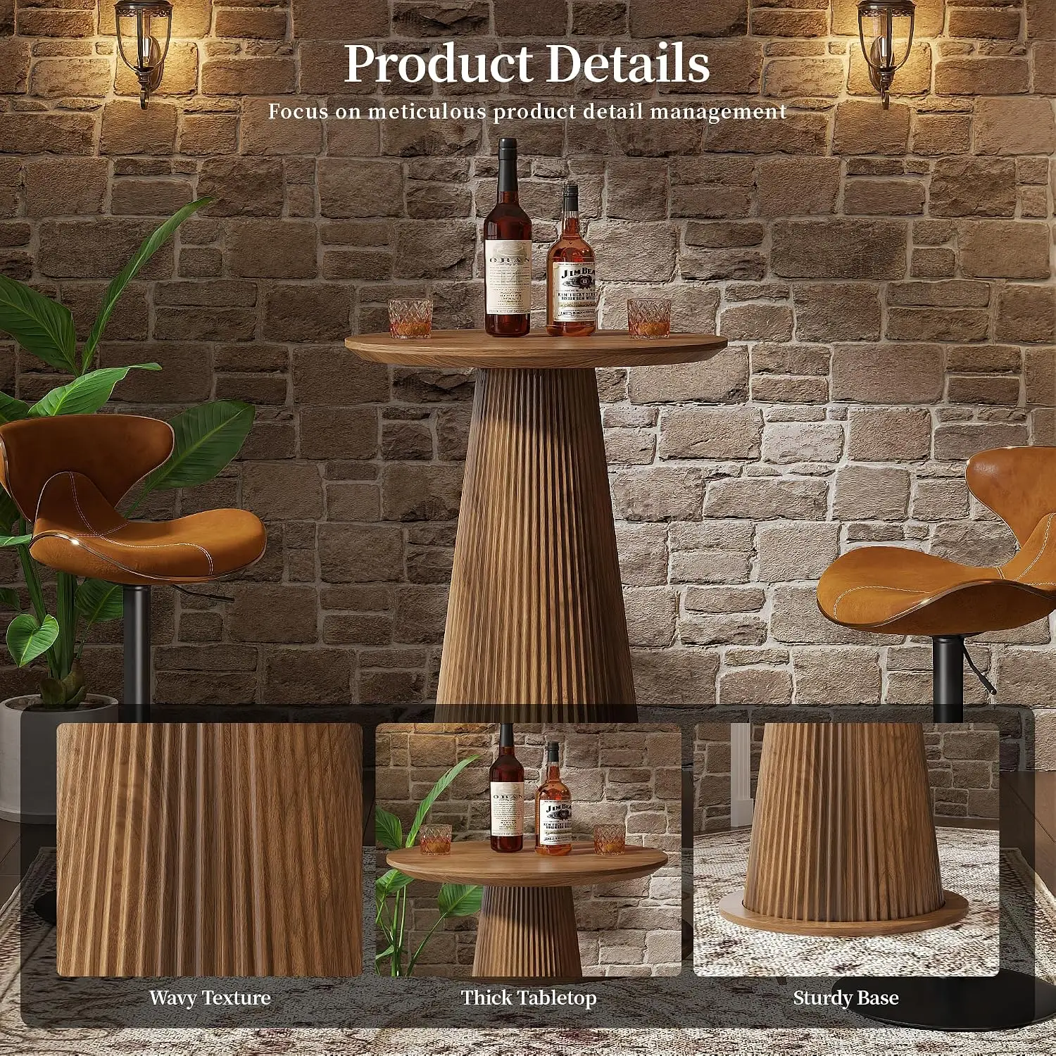 Round Bar Table 39''H Wood Bistro Pub Table Fluted Base Modern Coffee Cocktail Table Living Room Small Space Walnut, Customized