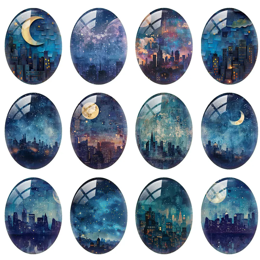 도시 밤 블루 문 별이 빛나는 타원형 사진 유리 카보숑 플랫백 데모 플랫 백 카메오, DIY 보석 만들기 용품, 로트당 10 개