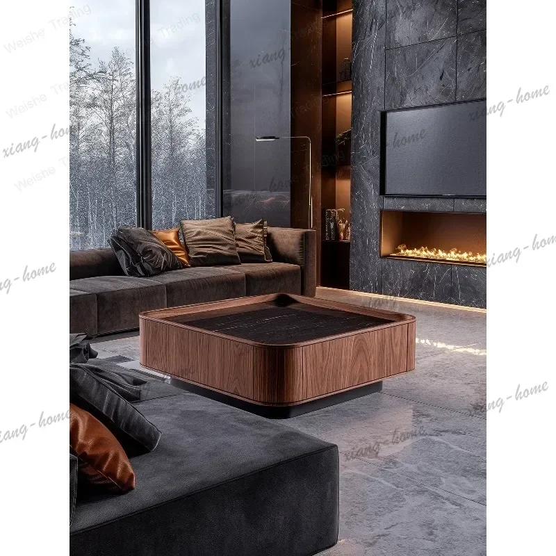 LD Italian minimalist walnut solid wood coffee table square marble surface with drawer storage, living room square table
