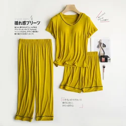 2026 summer new women's pajamas 3-piece Modal large simple pajamas with bra short sleeves+shorts+trousers casual home wear